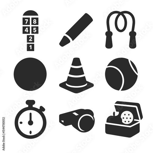 Schoolyard Games Icons. Solid, filled icons set of schoolyard games: hopscotch pattern, chalk stick, jump rope