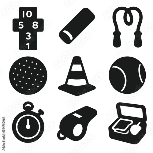 Schoolyard Games Icons. Solid, filled icons set of schoolyard games: hopscotch pattern, chalk stick, jump rope