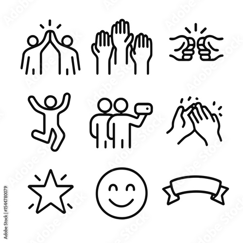 Team Celebration Icons. Outline icon set of team cheers: group high-five, raised hands, fist bump, celebratory jump, team selfie,