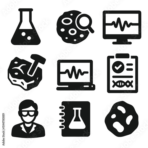 Science Icon Set. Solid, filled icons set of impact science and research: lab beaker, crater analysis,