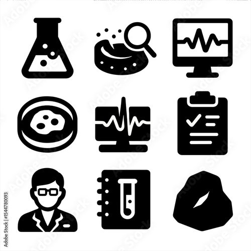 Science Icon Set. Solid, filled icons set of impact science and research: lab beaker, crater analysis,