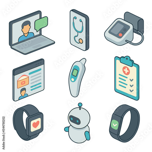 Telehealth Icon Grid. Isometric Flat icon set of telehealth services: video call screen, stethoscope app, home blood pressure