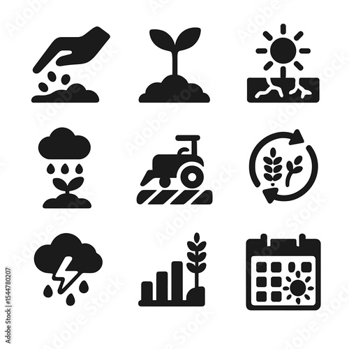 Seasonal Farming Icons. Solid, filled icons set of seasonal farming cycles: planting icon, seedling growth,