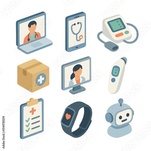 Telehealth Icon Grid. Isometric Flat icon set of telehealth services: video call screen, stethoscope app, home blood pressure