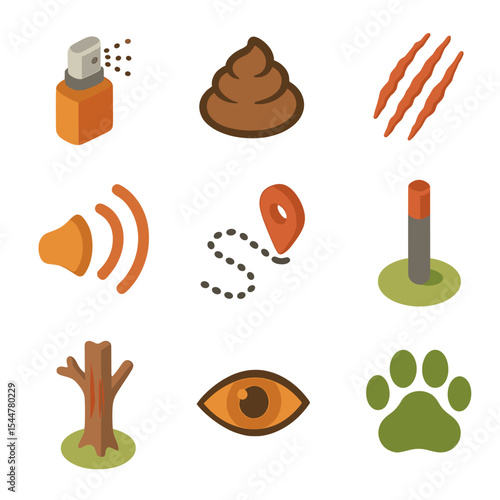 Territorial Markers Icons. Isometric Flat icon set of territorial markers: scent spray, dung pile, scratch mark, roar echo, patrol
