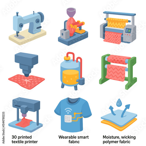 Textile Innovation Icons. Isometric Flat icon set of textile industry inventions: lockstitch sewing machine, synthetic fiber