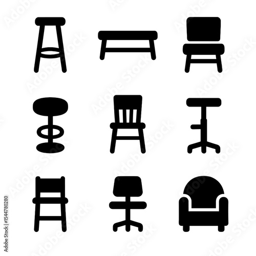 Seating Icon Grid. Solid, filled icons set of seating and stools: bar stool, low bench, cushioned seat, swivel
