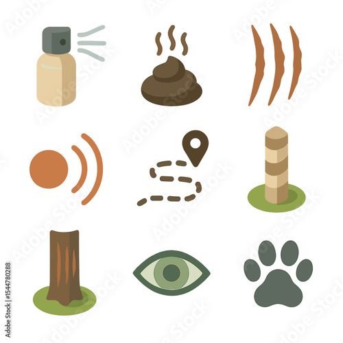 Territorial Markers Icons. Isometric Flat icon set of territorial markers: scent spray, dung pile, scratch mark, roar echo, patrol