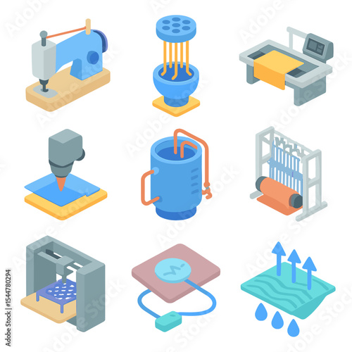 Textile Innovation Icons. Isometric Flat icon set of textile industry inventions: lockstitch sewing machine, synthetic fiber