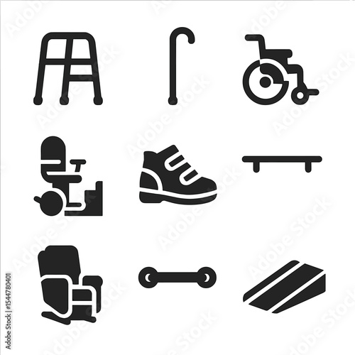 Senior Mobility Aids Icons. Solid, filled icons set of senior mobility aids: walker, walking stick, wheelchair