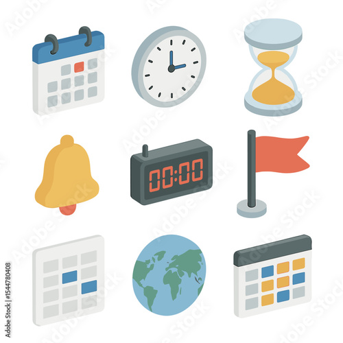 Time Management Icons. Isometric Flat icon set of time management in meetings: calendar, clock face, hourglass, stopwatch,