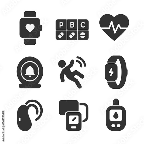 Senior Care Tech Icons. Solid, filled icons set of senior care technology: smartwatch, pill organizer, heart
