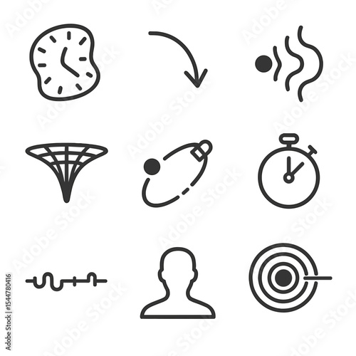 Time Dilation Icons. Outline icon set of time dilation near black holes: warped clock face, slow-motion arrow, redshifted light,