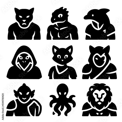 Shape-Shifting Beings Icons. Solid, filled icons set of shape-shifting beings: werepanther, lizardman, dolphin
