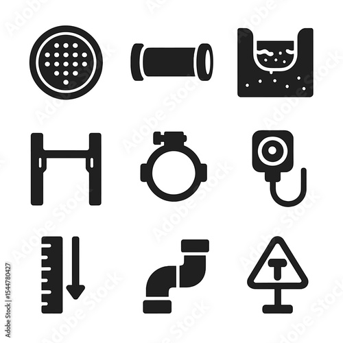 Sewer Pipe Icon Set. Solid, filled icons set of sewer pipe trench work: manhole cover, sewer pipe, bedding