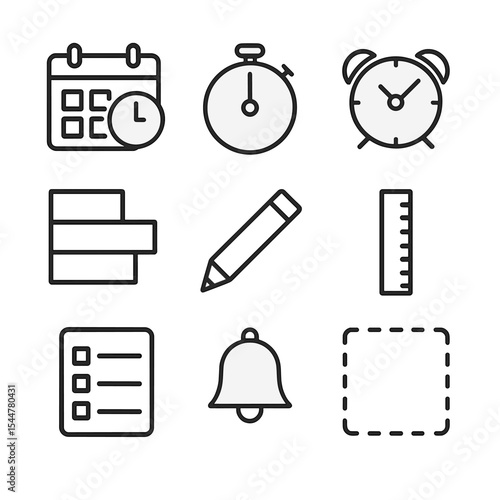 Time Management Icons. Outline icon set of time blocking schedule: calendar hour block, timer, alarm clock, color-coded block,