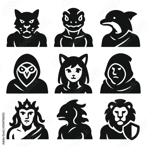 Shape-Shifting Beings Icons. Solid, filled icons set of shape-shifting beings: werepanther, lizardman, dolphin