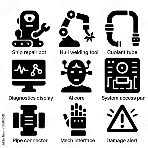 Ship Repair Icons. Solid, filled icons set of shipboard robotic technicians: ship repair bot, hull welding