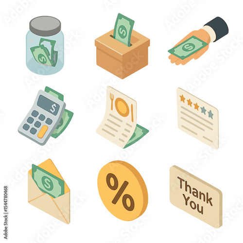 Tip Management Icons. Isometric Flat icon set of managing cash tips and gratuities: tip jar, tip ballot box, waiter hand with tip,