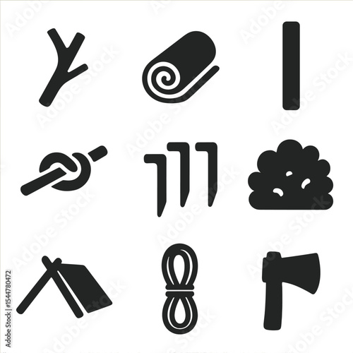 Shelter Tools Icons Grid. Solid, filled icons set of shelter building tools: tree branch, tarp roll, wooden