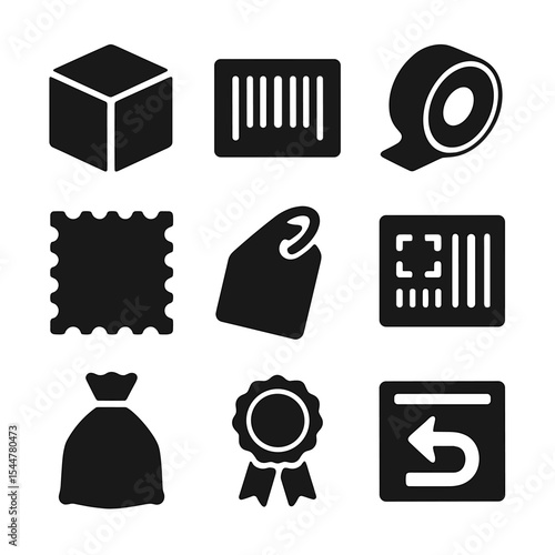 Shipping Icon Set. Solid, filled icons set of shipping and delivery materials: box icon, barcode label, tape