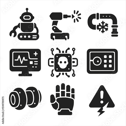 Ship Repair Icons. Solid, filled icons set of shipboard robotic technicians: ship repair bot, hull welding