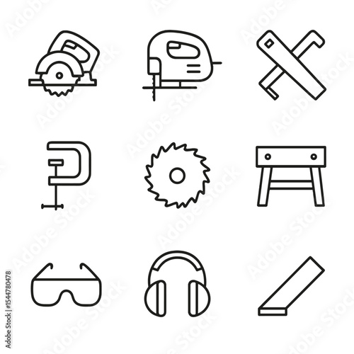 Tool Icon Set. Outline icon set of board cutting and trimming: mitre saw, jigsaw, handsaw, clamp, saw blade, workbench, protective
