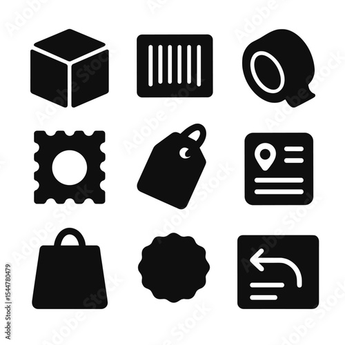 Shipping Icon Set. Solid, filled icons set of shipping and delivery materials: box icon, barcode label, tape