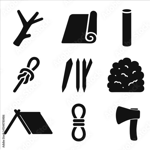 Shelter Tools Icons Grid. Solid, filled icons set of shelter building tools: tree branch, tarp roll, wooden
