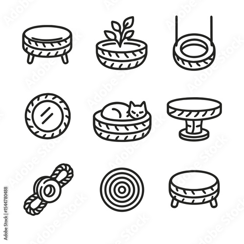 Tire Upcycle Icons. Outline icon set of tire upcycle crafts: tire ottoman, planter bowl, swing seat, mirror frame, pet bed, table