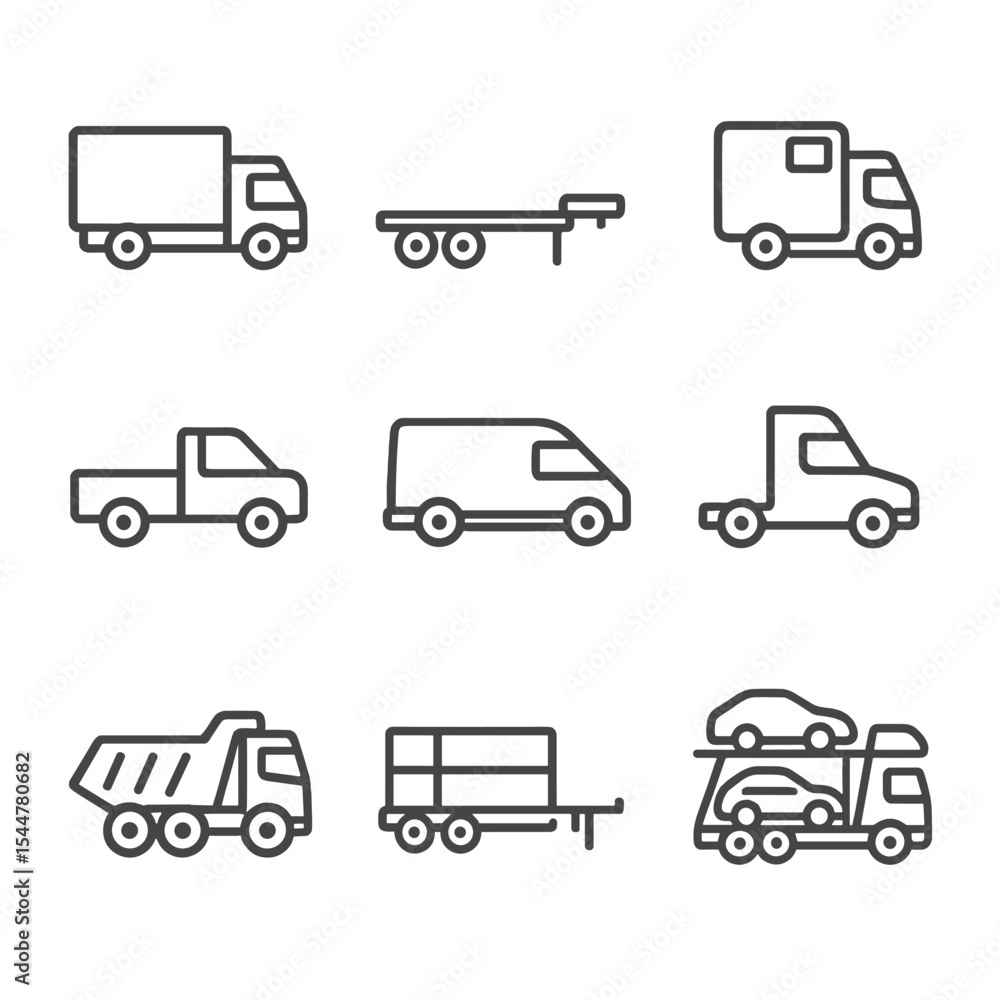 Transport Vehicle Icons. Outline icon set of transport vehicles: box truck, flatbed trailer, refrigerated van, semi-tractor, Transport Vehicle Icons. Outline icon set of transport vehicles: box truck, flatbed trailer, refrigerated van, semi-tractor,