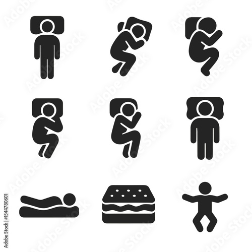 Sleep Posture Icons. Solid, filled icons set of sleep posture types: back sleeper, side sleeper, fetal