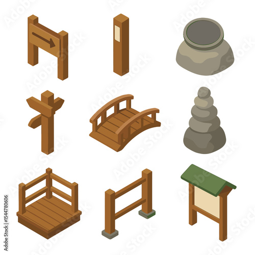 Trail Landmark Icons. Isometric Flat icon set of trail landmarks and signs: trailhead sign, mile marker, summit plaque, trail