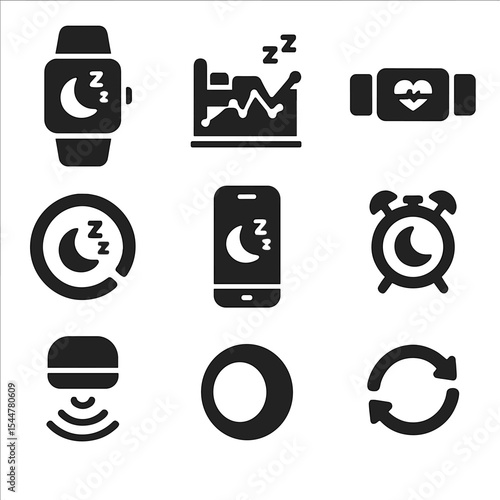 Sleep Tech Icons. Solid, filled icons set of sleep tracking technology: smart watch, sleep graph, heart rate