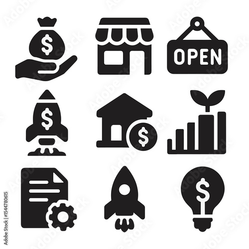 Small Business Icons. Solid, filled icons set of small business finance: loan support, small shop, open sign,