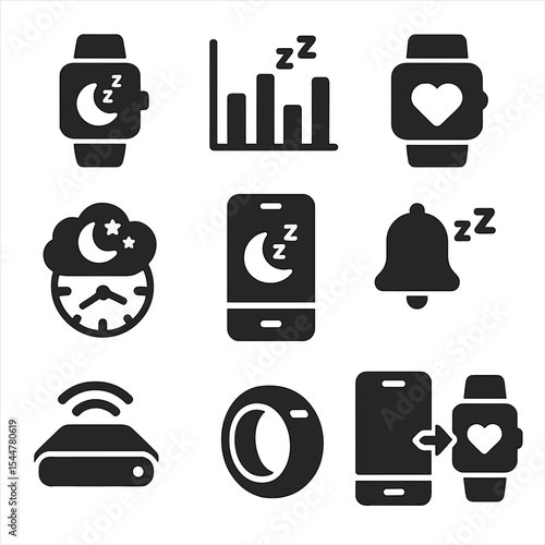 Sleep Tech Icons. Solid, filled icons set of sleep tracking technology: smart watch, sleep graph, heart rate
