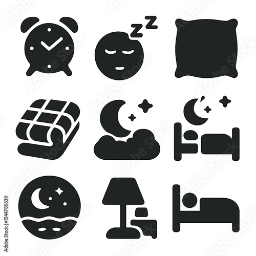 Sleep Hygiene Icons. Solid, filled icons set of sleep hygiene and comfort: bedtime clock, sleep icon, soft pillow, warm quilt, restful night, calm scene, nighttime icon, sleep environment, quiet rest.