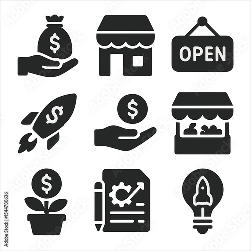 Small Business Icons. Solid, filled icons set of small business finance: loan support, small shop, open sign,