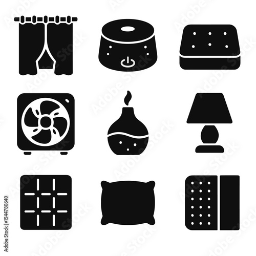 Sleep Optimization Icons. Solid, filled icons set of sleep environment optimization: blackout curtains, white
