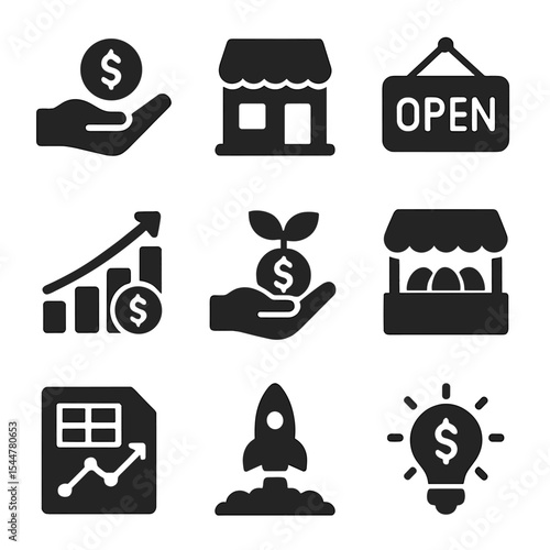 Small Business Finance Icons. Solid, filled icons set of small business finance: loan support, small shop,