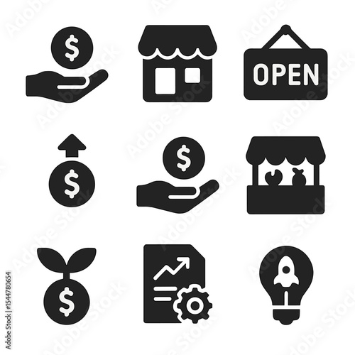 Small Business Finance Icons. Solid, filled icons set of small business finance: loan support, small shop,