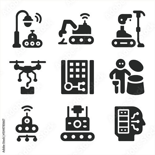 Smart City Icons. Solid, filled icons set of smart city repair automation: street lamp bot, road crack sealer,