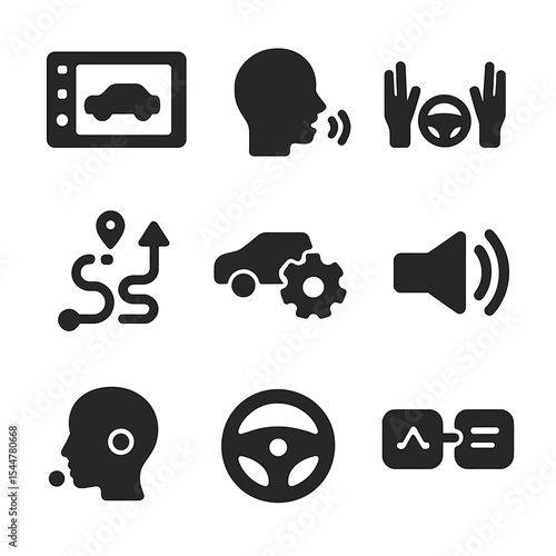 Smart Car Icon Set. Solid, filled icons set of smart car interface: touchscreen panel, voice recognition icon,