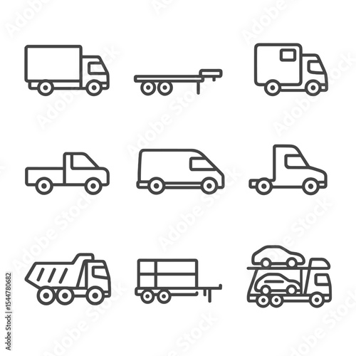 Transport Vehicle Icons. Outline icon set of transport vehicles: box truck, flatbed trailer, refrigerated van, semi-tractor,