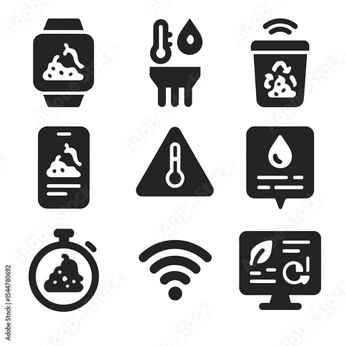 Smart Compost Icons. Solid, filled icons set of smart composting technology: digital compost tracker, sensor