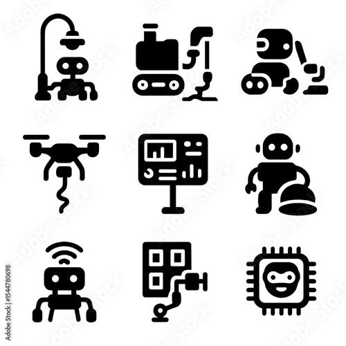 Smart City Icons. Solid, filled icons set of smart city repair automation: street lamp bot, road crack sealer,