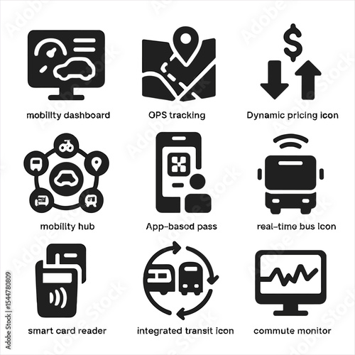 Smart Mobility Icons. Solid, filled icons set of smart mobility systems: mobility dashboard, GPS tracking icon