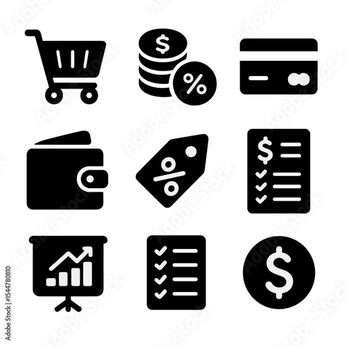 Smart Spending Icons. Solid, filled icons set of smart spending habits: shopping cart, coin stack, credit card