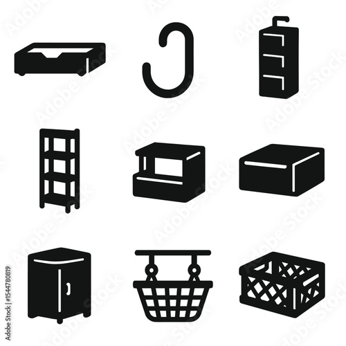 Smart Storage Icons. Solid, filled icons set of smart storage solutions: under-bed drawer, wall hook, hanging