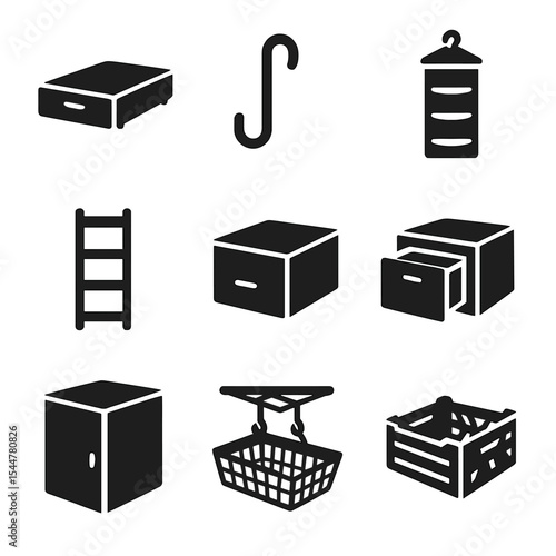 Smart Storage Icons. Solid, filled icons set of smart storage solutions: under-bed drawer, wall hook, hanging